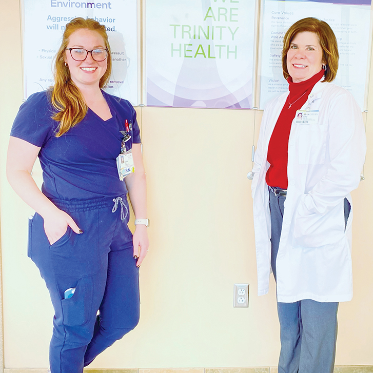 Jess Bihn, an oncology nurse at Trinity Health Ann Arbor Hospital in Michigan, followed her mother, Patti Lonsway Bihn, into nursing. Patti Bihn plans to retire this summer from Trinity Health's Chelsea Hospital in Michigan.