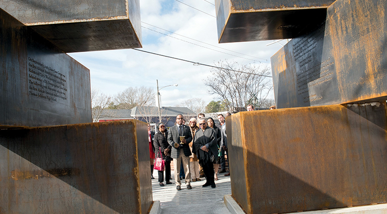 Bon Secours Richmond and a partner together commissioned this public art installation called "Strides" to inspire people to reflect on the importance of racial integration. The other sponsor of the art is Thalhimer Realty Partners.