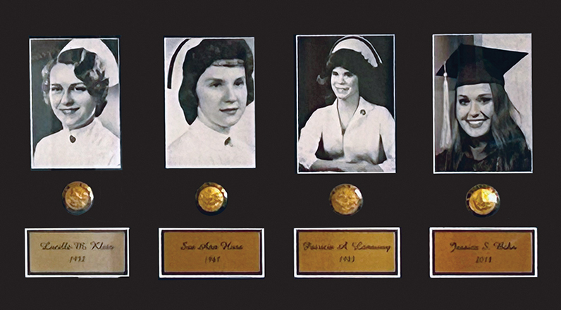 A plaque given to Patti Lonsway Bihn by her husband features the family's four generations of nurses, the year of their graduation from nursing school and their nursing pins.