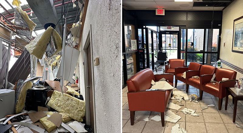 Tornado damage Mercy Health Love County hospital and clinic in Marietta, Oklahoma.