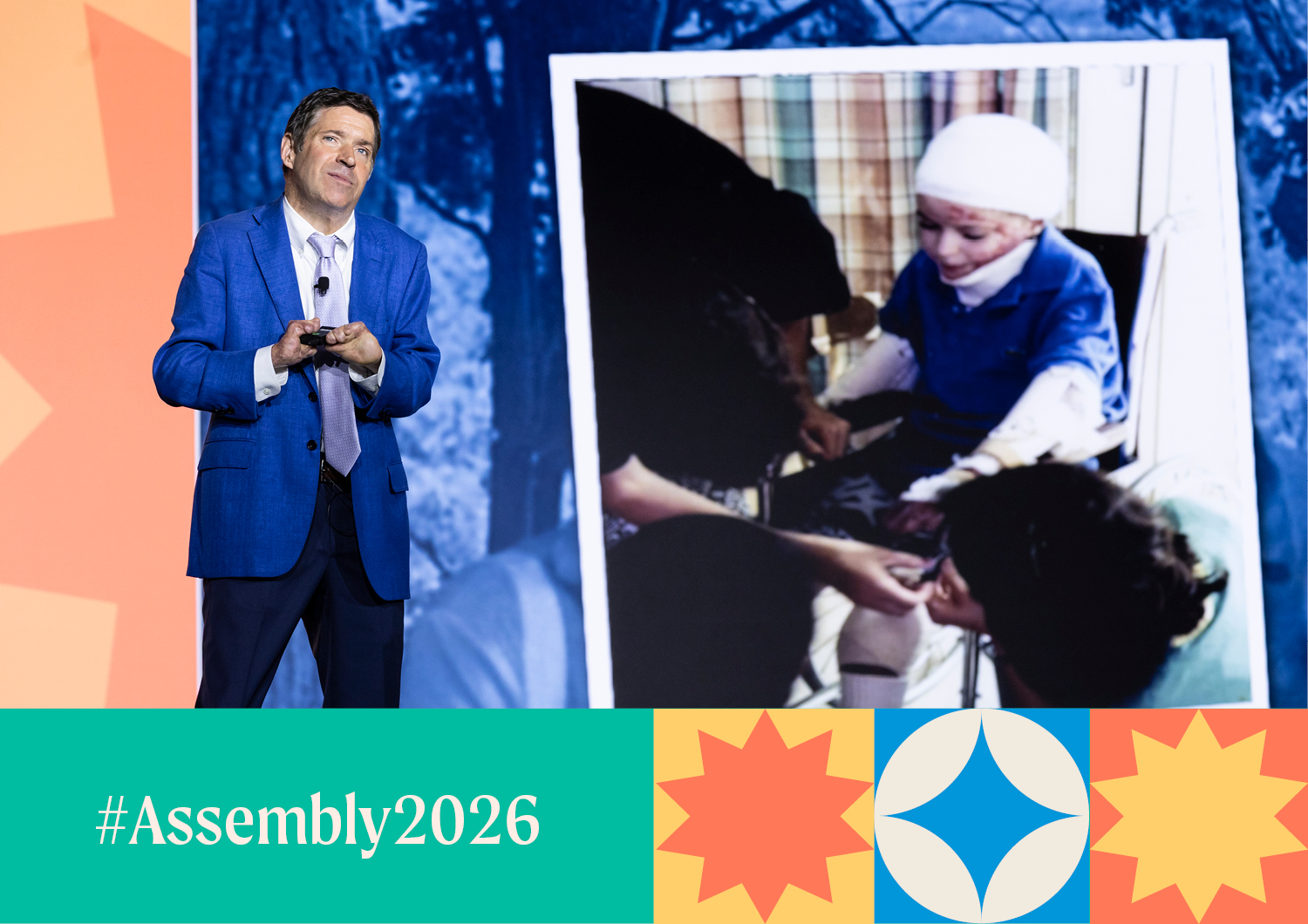 John O’Leary, who survived horrific burn injuries as a child after being treated at St. John’s Mercy Medical, now Mercy Hospital St. Louis, speaks at the 2026 Catholic Health Assembly in St. Louis