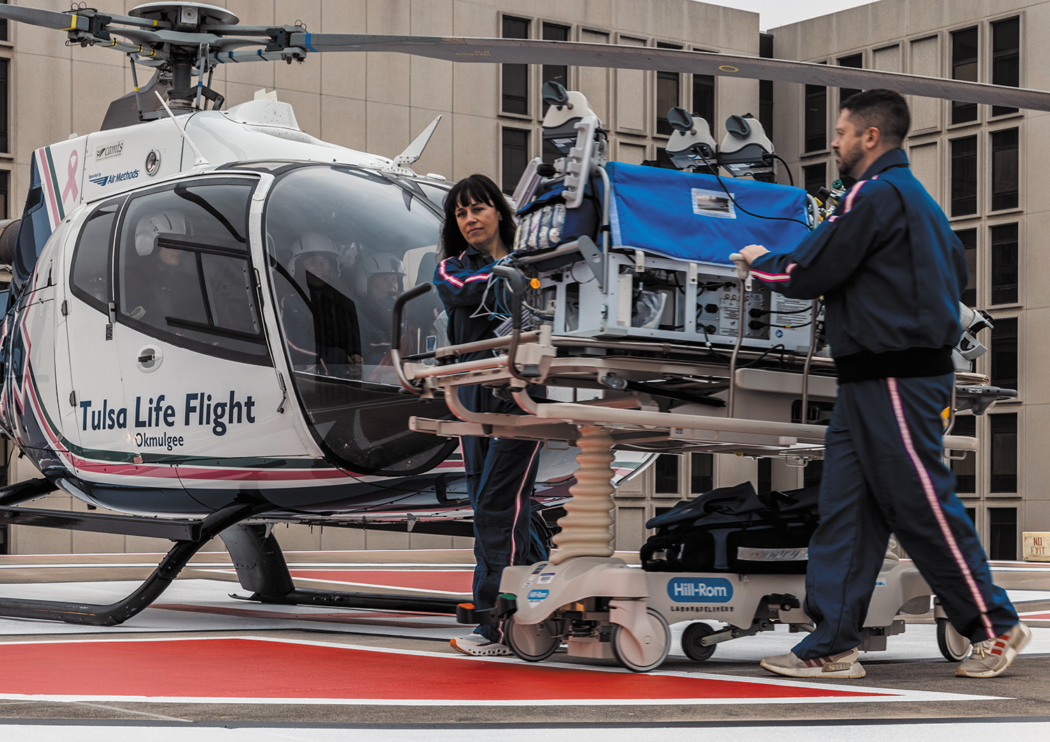 Libby Allen, assistant nurse manager for the neonatal intensive care unit at Ascension St. John Medical Center in Tulsa, Oklahoma, and Phillip Nikels, a respiratory therapist at the hospital, train on the use of a special transport incubator.