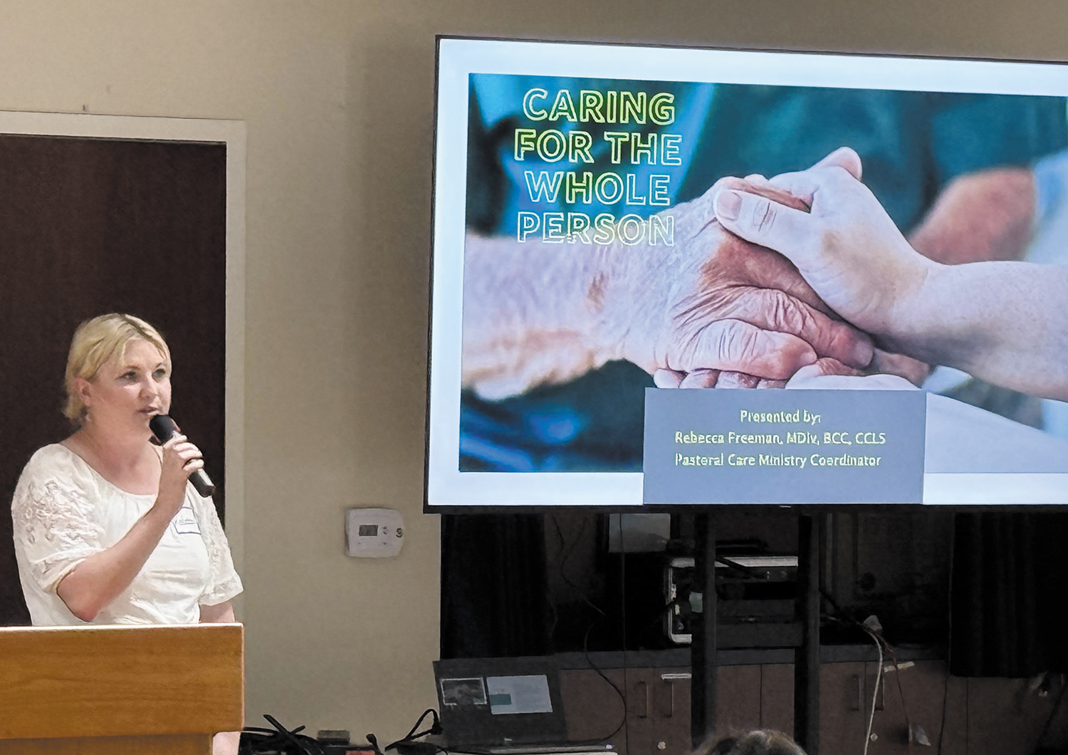 Rebecca Freeman talks about providing holistic care at a senior forum at St. Joseph Catholic Church in Placentia, California. Freeman is a diocese coordinator of Caring for the Whole Person, an initiative