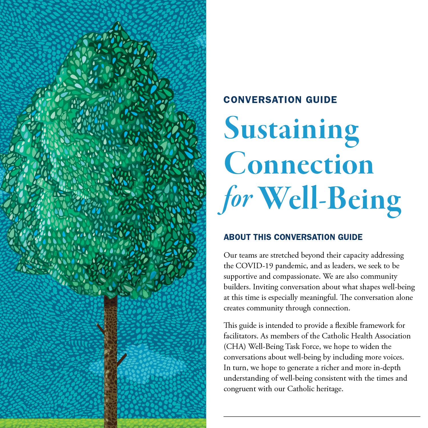 A conversation guide for sustaining connection for well-being. The guide's cover features a mosaic tree on a blue background.