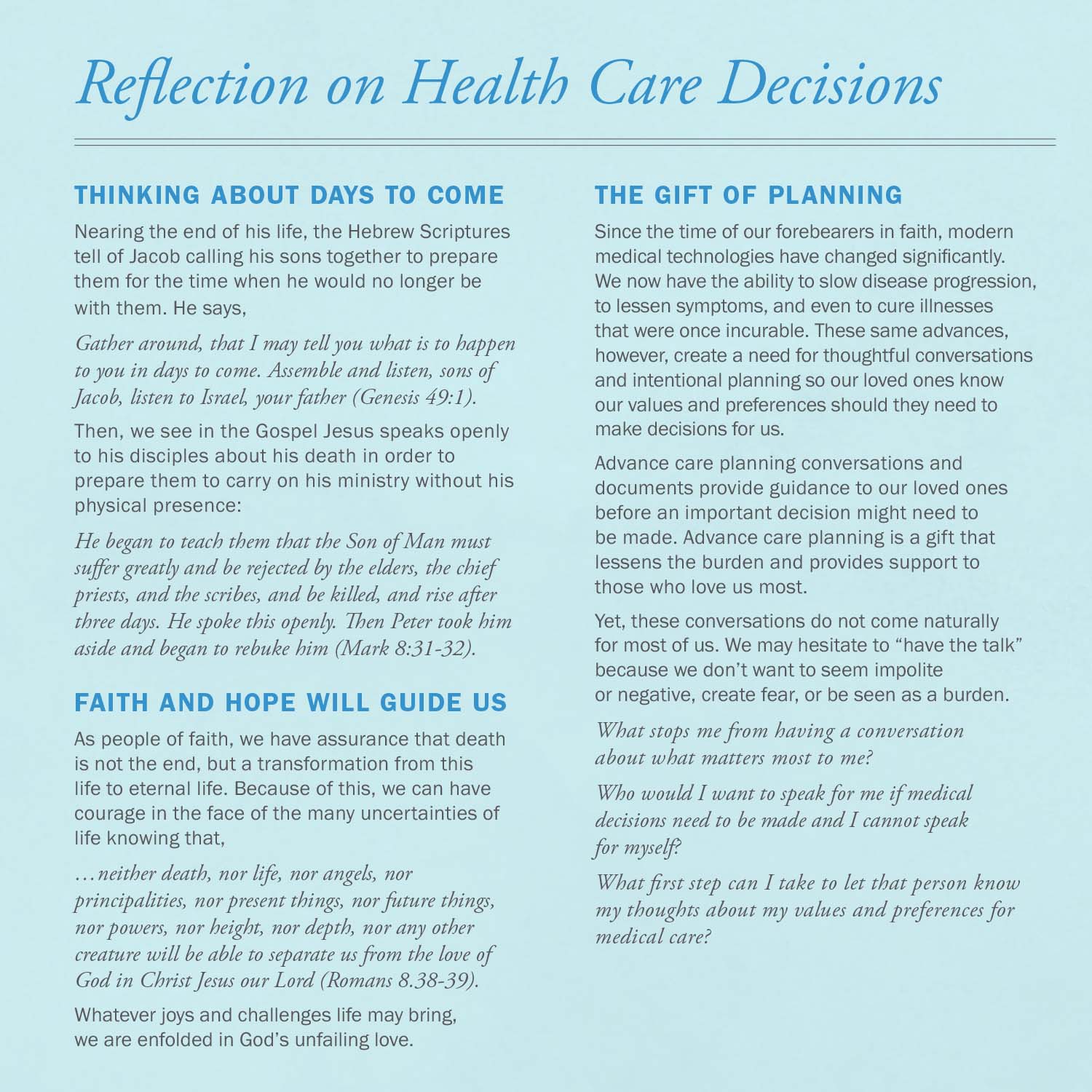 Reflection on Health Care Decisions Prayer Card